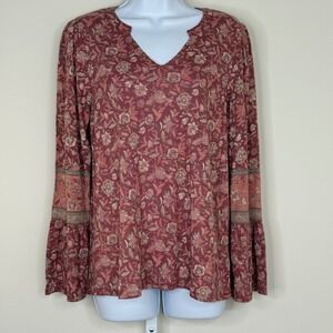 Lucky Brand Boho Peasant Top Small Rust Rose Pink Floral Bell Sleeve New no tags